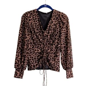 Ember Y2K Leopard Print Boho Coquette Mesh Corset Top Balloon Sleeves Brown Blk